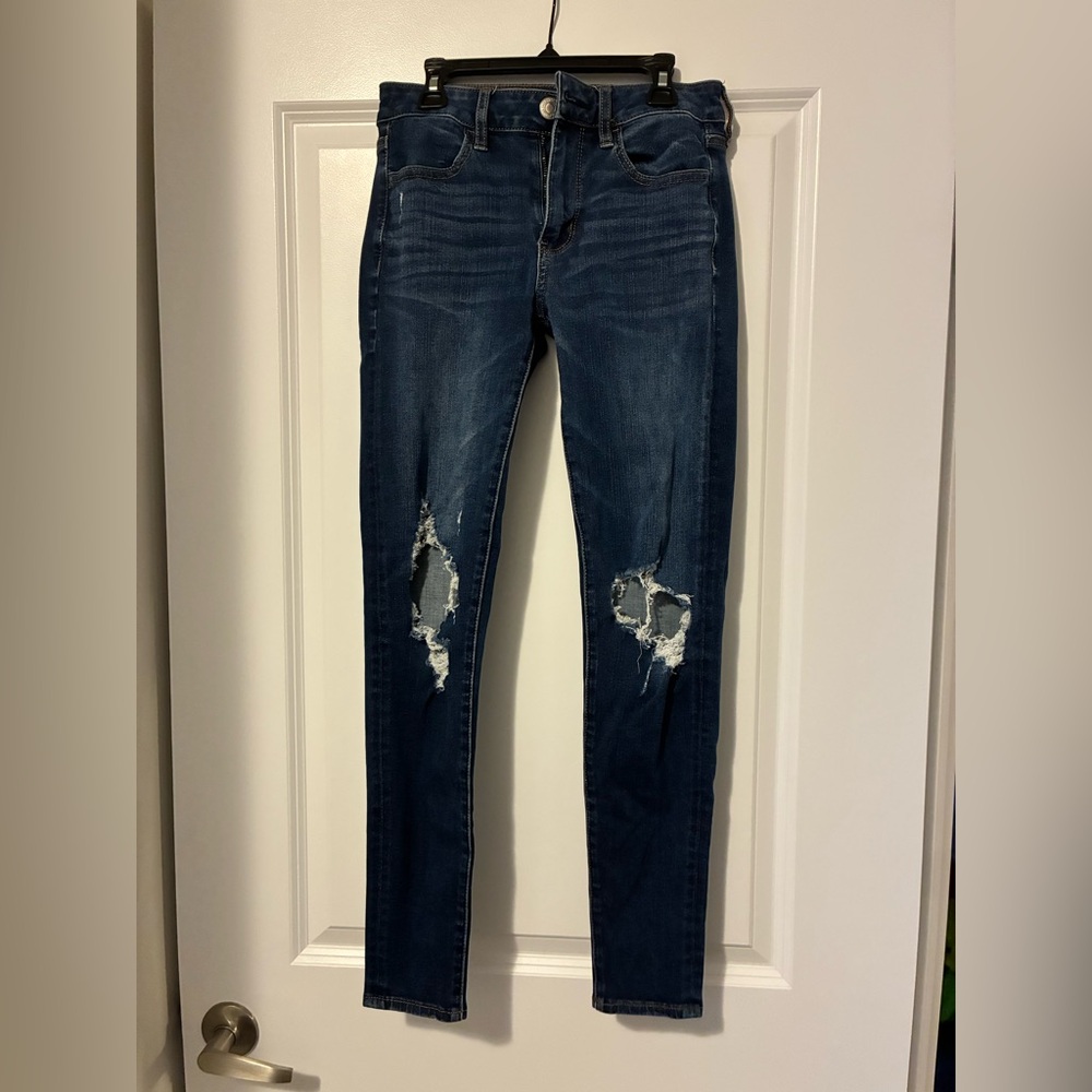 American Eagle Outfitters Dark Blue Distressed Skinny Jeans